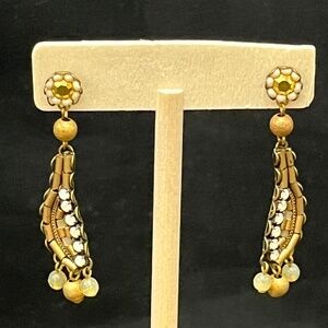 Ayala Bar Style Dangle Earrings - 2"L Brass with Beads and Rhinestones